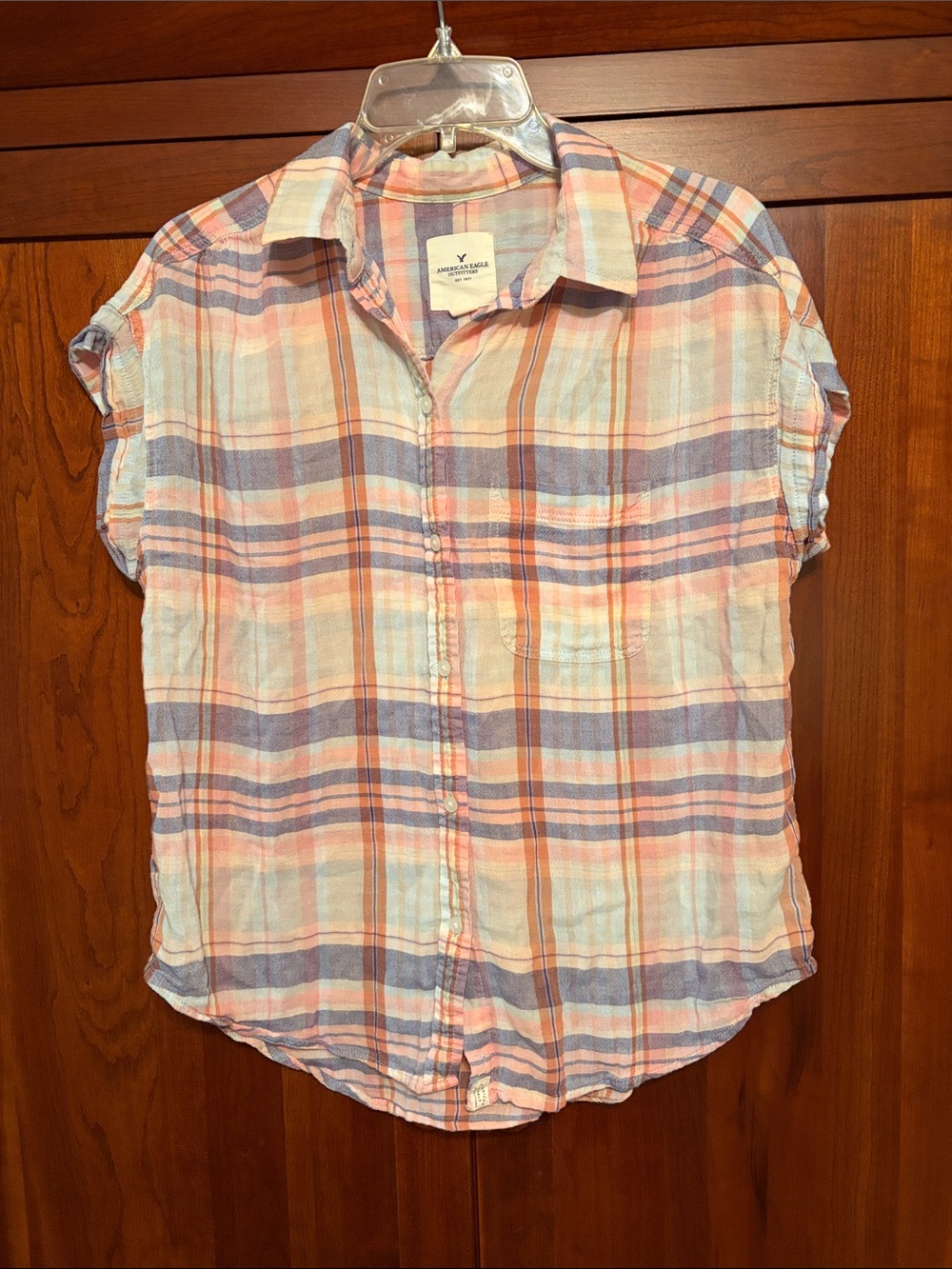 American Eagle Outfitters Pastel Plaid Short Sleeve Button-Down Shirt